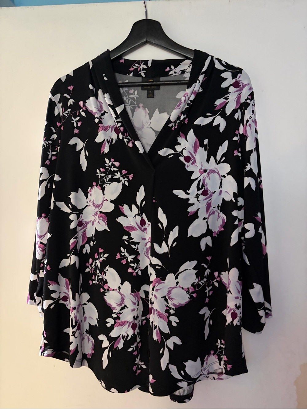 JM Collection Black Floral V-Neck Blouse with Pink & White Accents